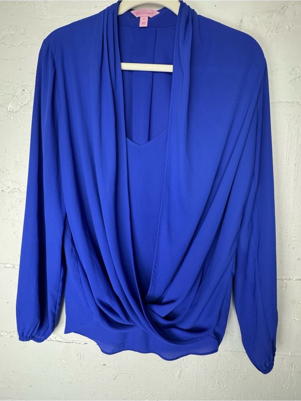 Lilly Pulitzer Myah Royal Blue Long Sleeve Top Size M Blouse drape Front Office